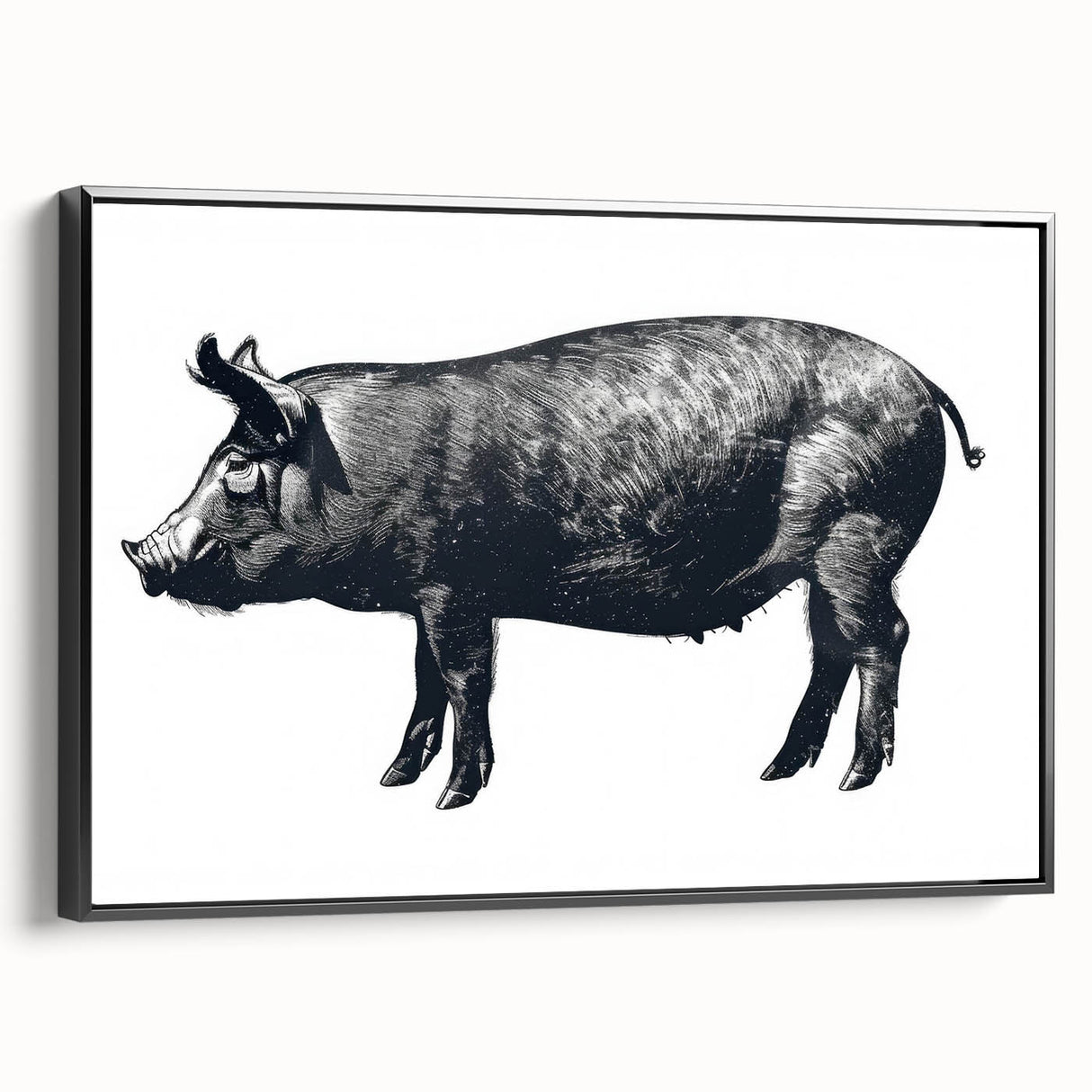 Framed canvas wall art featuring a whimsical pig design with vibrant colors and a black frame, showcasing playful animal-themed decor ideal for home or office.