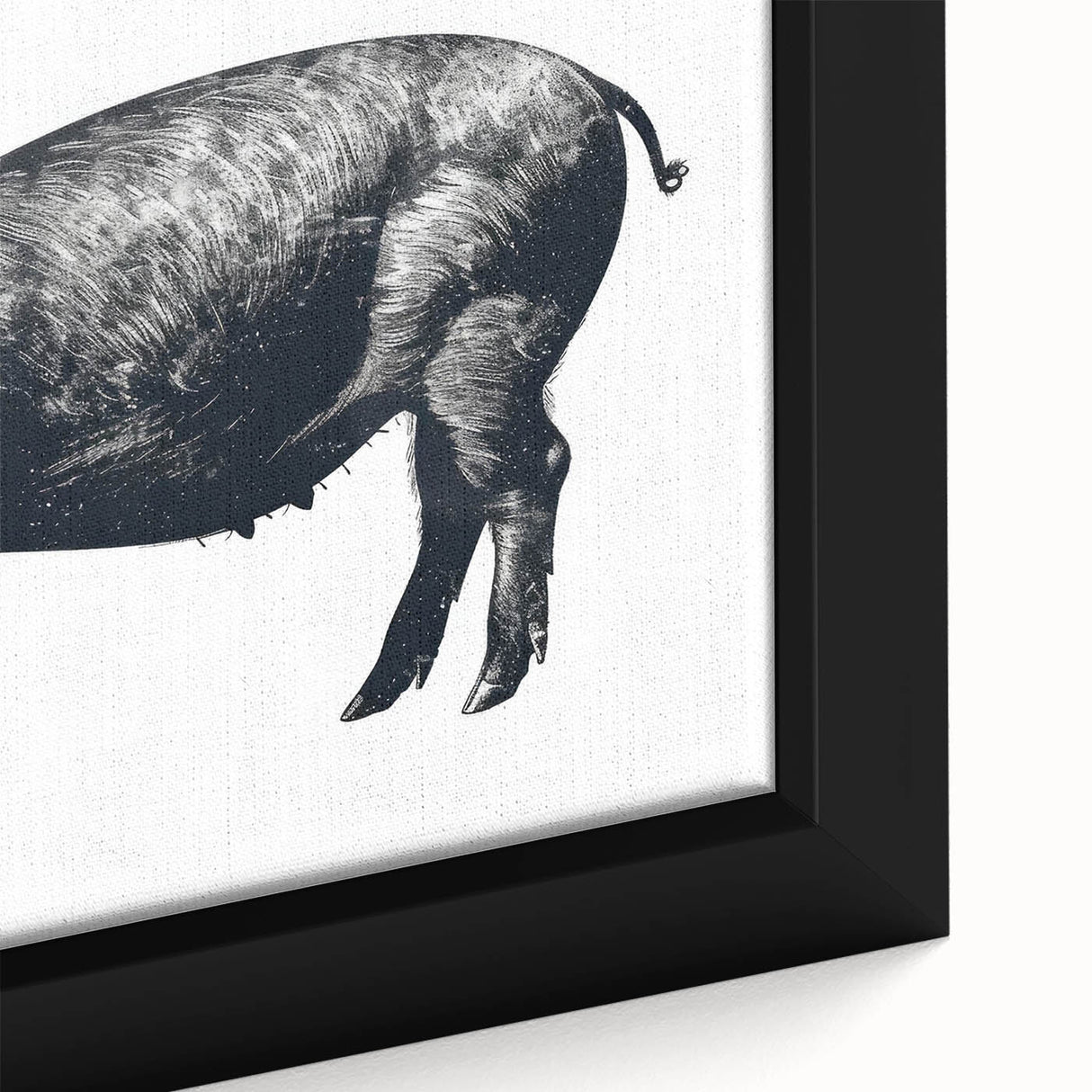 Close-up of a framed canvas wall art showcasing a whimsical pig design, featuring vibrant colors and intricate details, ideal for animal lovers and modern decor.