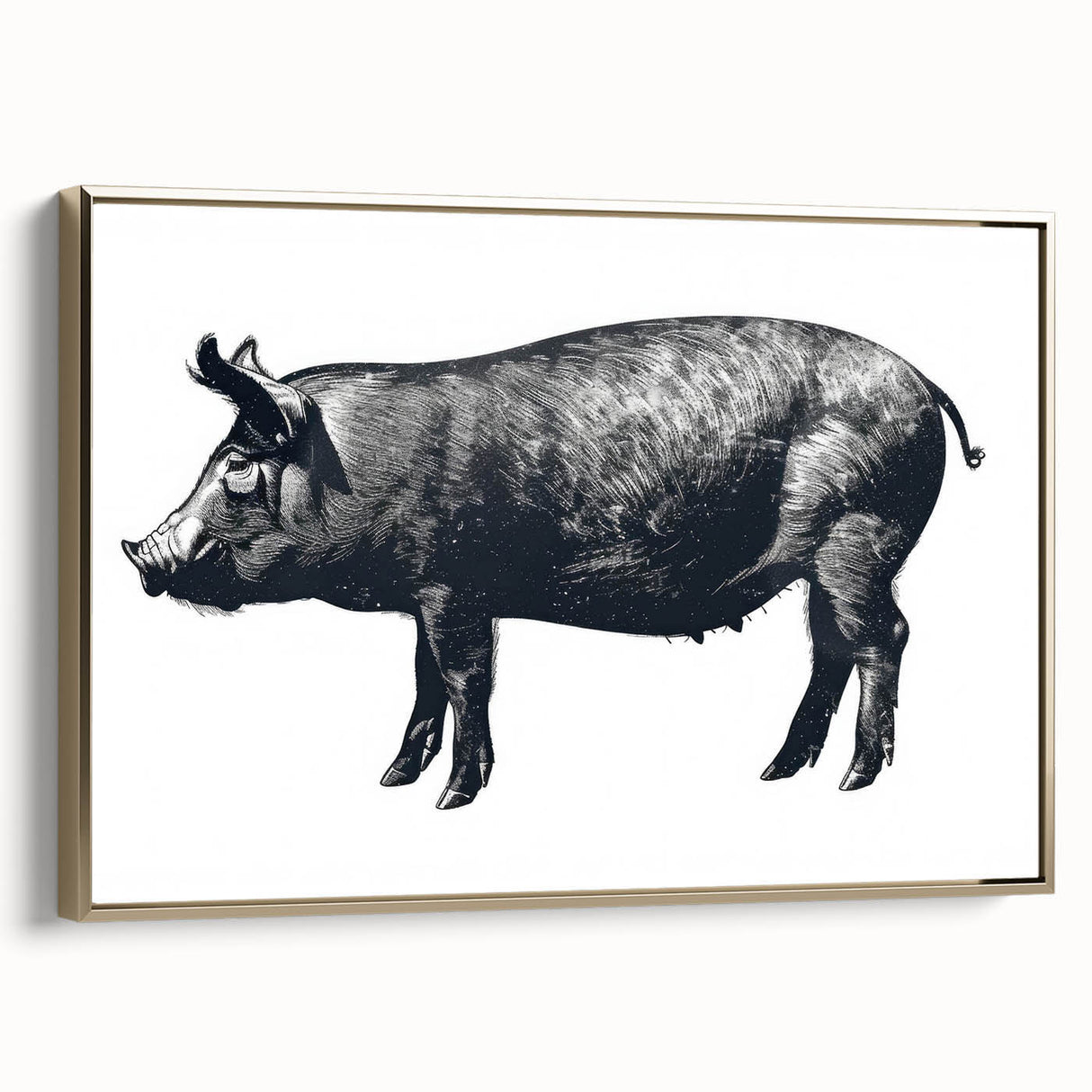 Framed wall art featuring a whimsical pig design with gold accents, showcasing vibrant colors on a textured canvas, perfect for animal lovers’ decor.