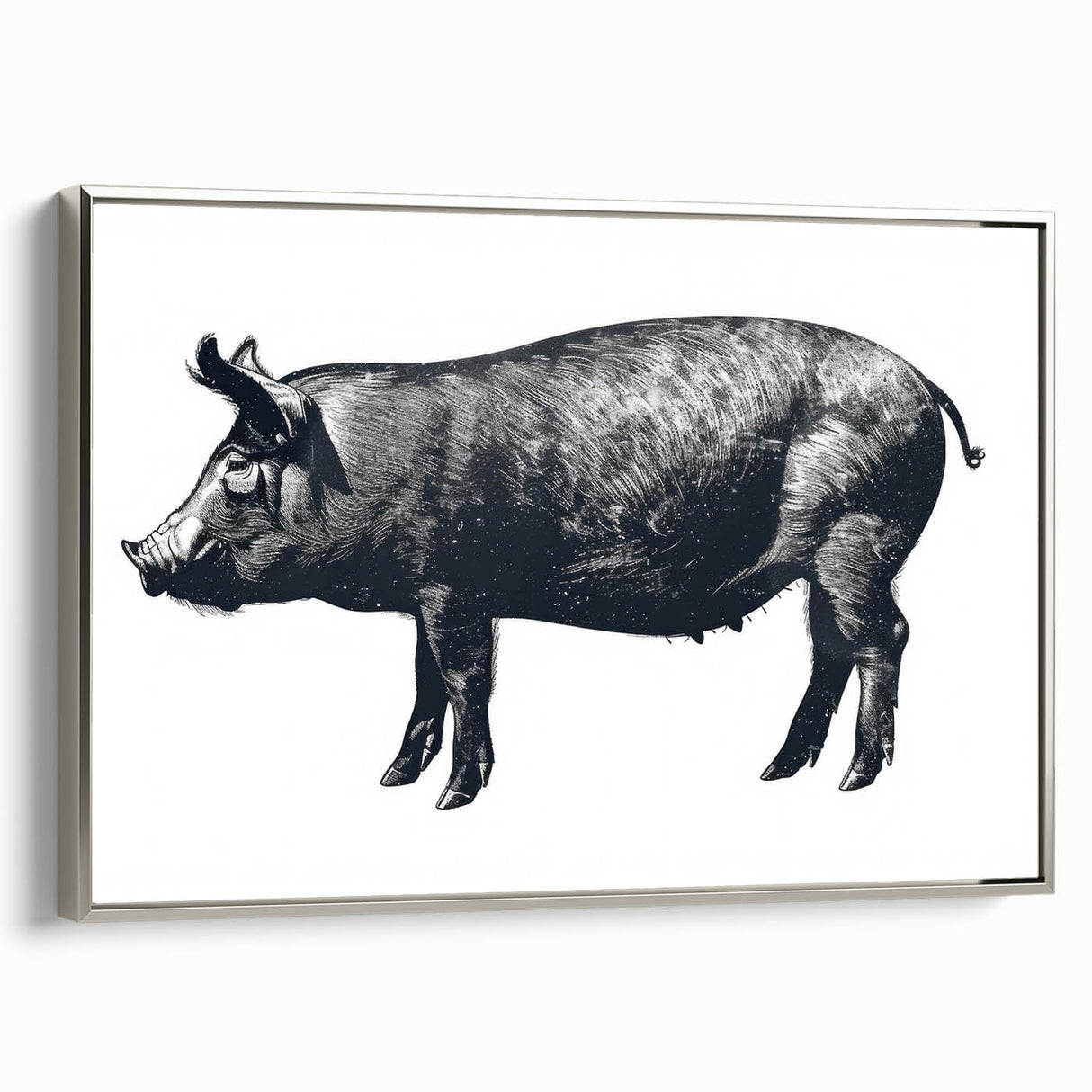 Framed wall art showcasing a stylish silver pig design on a textured canvas, ideal for animal-themed decor in modern interiors. Perfect for enhancing living spaces.