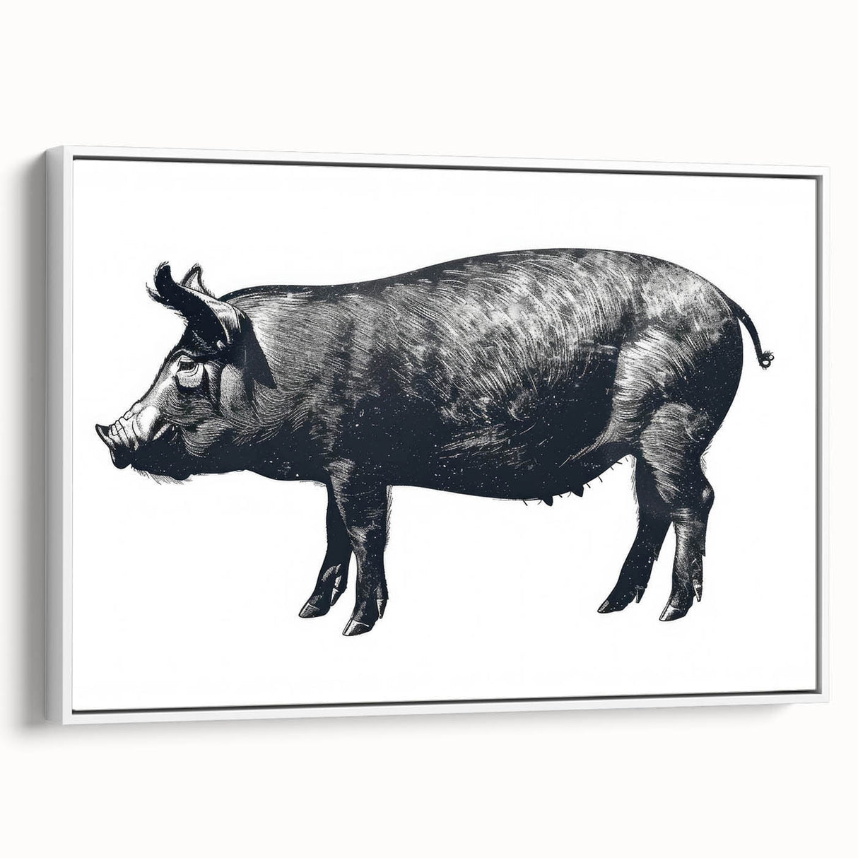 Framed canvas wall art featuring a whimsical pig design, displayed against a white background, perfect for animal lovers and home decor enthusiasts.