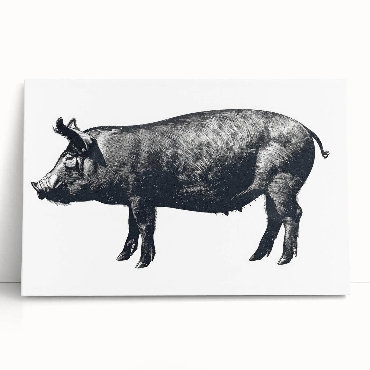 Stretched canvas wall art featuring a whimsical pig design surrounded by vibrant colors, perfect for adding a playful touch to home decor. Ideal for animal lovers and unique art enthusiasts.