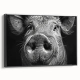 Framed canvas wall art featuring a playful pig design from the Animals A Wild Life collection, showcasing vibrant colors and intricate details against a black background. Perfect for animal lovers and home decor enthusiasts.