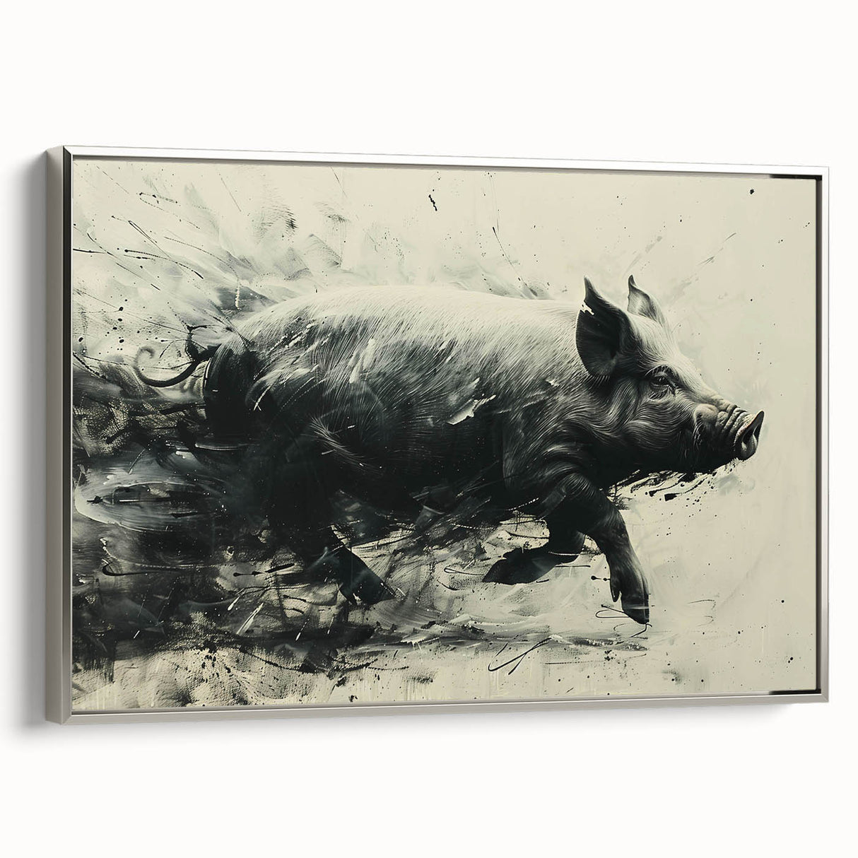 Framed wall art collection showcasing a whimsical pig design on textured canvas, featuring a silver frame and vibrant colors, ideal for animal lovers and home decor enthusiasts.