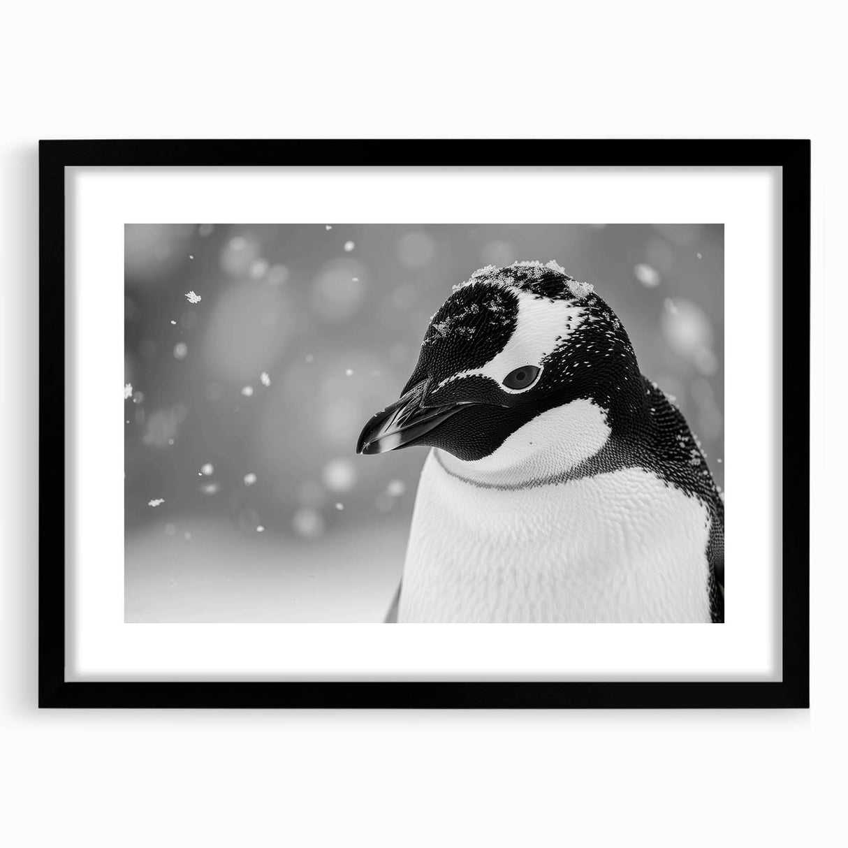 Framed wall art showcasing a penguin design from the "Animals of the Wild" collection, featuring a sleek black frame and white matting, perfect for nature enthusiasts.