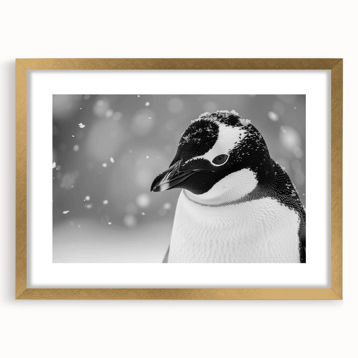 Penguin-themed wall art framed in gold, showcasing a vibrant and playful design, perfect for animal lovers and modern decor enthusiasts. The artwork features a whimsical depiction of penguins in a colorful setting, adding a unique touch to any space.
