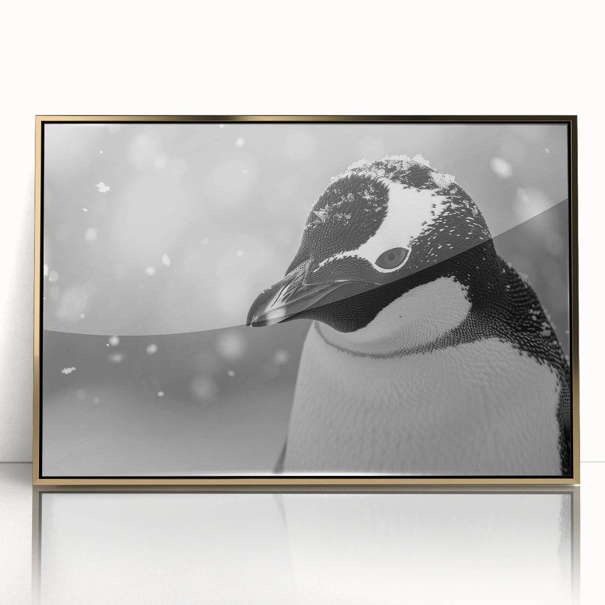 Framed wall art featuring a penguin design from the "Animals - A Wild Life" collection, showcasing vibrant colors and a sleek gold frame, perfect for animal lovers.