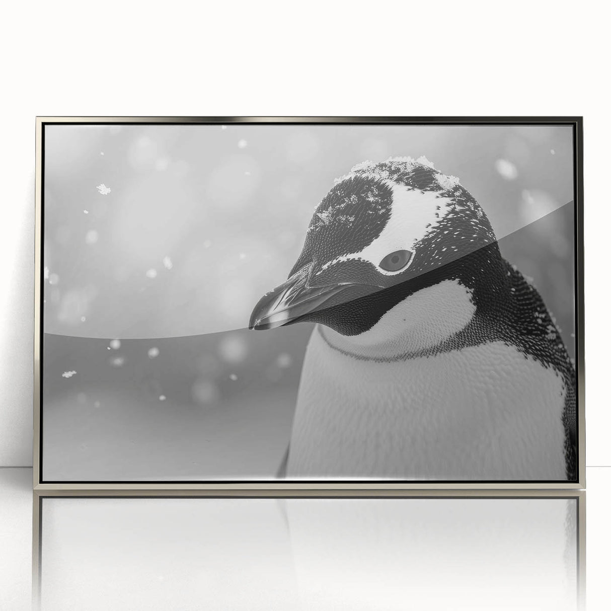 Framed wall art featuring a silver-accented design of a penguin, showcasing a modern aesthetic with vibrant colors, perfect for animal lovers and home decor enthusiasts.