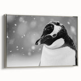 Framed canvas wall art featuring a sleek silver penguin design from the Animals A Wild Life collection, showcasing a side view against a minimalist background. Ideal for modern decor.