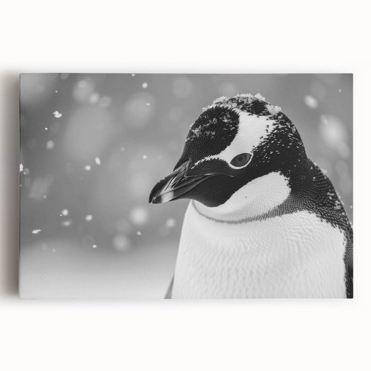 Stretched canvas wall art featuring a charming penguin design in a whimsical style, showcasing vibrant colors and intricate details, perfect for animal lovers' decor.