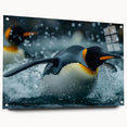 Side view of a sleek acrylic glass wall art piece featuring a whimsical penguin design, displayed with decorative pins, perfect for animal-themed decor.