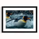 Black-framed wall art featuring a whimsical penguin design from the Animals: A Wild Life collection, showcasing vibrant colors and playful details, ideal for animal lovers.