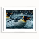 Framed wall art showcasing a whimsical penguin design in a white mat, perfect for animal lovers and home decor enthusiasts, enhancing any living space with charm.