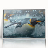 Framed wall art featuring a vibrant penguin design in a white acrylic frame, showcasing colorful wildlife art ideal for home decor. Perfect for animal lovers.