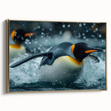 Framed canvas wall art featuring a stylish penguin design with a gold frame, showcasing a side view that highlights its vibrant colors and sleek style, perfect for modern decor.