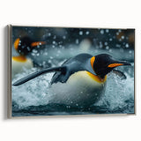 Framed wall art featuring a side view of a silver penguin design on canvas, showcasing intricate details and textures, perfect for wildlife-themed decor.