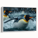 Framed canvas wall art featuring a stylish penguin design in a white frame, ideal for modern decor. Showcases intricate details and vibrant colors, perfect for animal lovers.