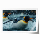 Playful penguin wall art print featuring vibrant colors and whimsical design, perfect for adding a touch of wildlife charm to any room decor.