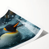 Vibrant penguin wall art print featuring a colorful abstract design, rolled and packaged in a protective cardboard tube for easy display. Perfect for animal lovers and home decor enthusiasts.