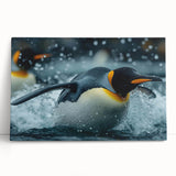 Canvas wall art featuring a vibrant penguin design, showcasing a colorful and playful depiction of wildlife. The artwork is stretched and leaning against a neutral backdrop, perfect for adding a touch of nature-inspired decor to any space.