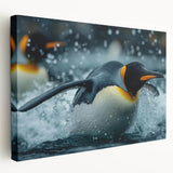 Stretched canvas wall art featuring a side view of a playful penguin design, ideal for animal lovers and home decor enthusiasts, showcasing vibrant colors and whimsical charm.
