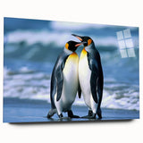 Acrylic glass wall art featuring a vibrant penguin design, showcasing a side view of the colorful illustration with intricate details, ideal for animal lovers and home decor.