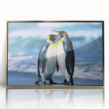Framed wall art featuring a stylish penguin design in a gold-acrylic frame, showcasing vibrant colors and modern aesthetics, perfect for animal lovers’ decor.