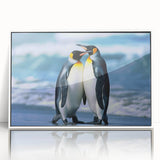 Framed acrylic wall art featuring a whimsical penguin design in a modern style, set against a white background, perfect for children's rooms or animal lovers.