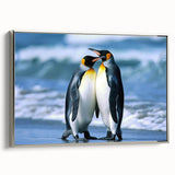 Framed canvas wall art showcasing a side view of a stylish penguin design with a silver border, perfect for adding a whimsical touch to modern home decor.