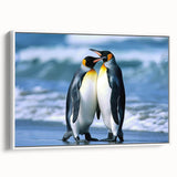 Framed wall art featuring a whimsical penguin design in a modern style, set against a white background, ideal for adding playful decor to any room.