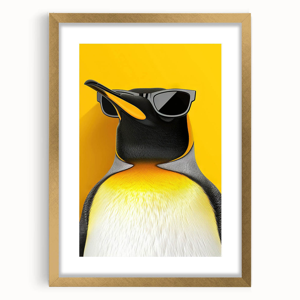Framed wall art featuring a penguin design from the "Animals of the Wild" collection, showcasing a gold mat and elegant frame, perfect for animal lovers' decor.