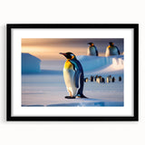 Penguin-themed wall art framed in black, showcasing a vibrant design of playful penguins against a crisp white background, perfect for children's rooms or animal lovers.