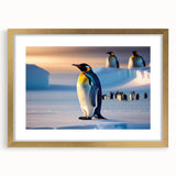Framed wall art print showcasing a charming penguin design, featuring a gold mat and elegant frame, perfect for animal lovers and modern decor.