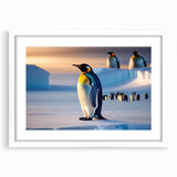 Framed wall art featuring a whimsical penguin design, set against a white mat. The collection showcases playful animal themes, perfect for children's decor.