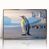 Framed acrylic wall art showcasing a charming penguin design against a gold background, perfect for adding a whimsical touch to any room's decor.