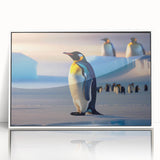 Framed acrylic wall art featuring a whimsical penguin design, presented in a sleek white frame, perfect for adding a playful touch to modern decor.