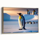 Framed canvas wall art featuring a stylish penguin design in a gold frame, showcasing a side view against a clean white background, perfect for modern decor.