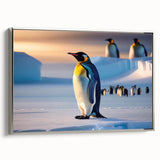 Framed wall art featuring a sleek silver penguin design, showcasing intricate details and vibrant colors, perfect for adding a modern touch to home decor.