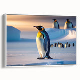 Framed canvas art showcasing a stylized penguin design with vibrant colors on a white background, ideal for animal-themed decor in modern interiors.