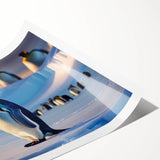 Charming wall art print featuring a penguin design, showcasing vibrant colors and playful details, ideal for animal-themed decor in homes or offices.