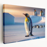 Stretched canvas wall art featuring a side view of a charming penguin design, perfect for adding a whimsical touch to any wildlife-themed decor. The vibrant colors and detailed illustration make it an eye-catching piece for animal lovers and art enthusiasts alike.