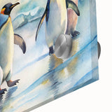 Close-up of an acrylic glass wall art piece featuring a whimsical penguin design, showcasing vibrant colors and intricate details, perfect for animal lovers' decor.
