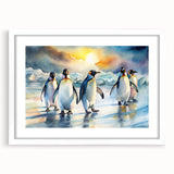 Framed wall art featuring a playful penguin design in a white mat, perfect for adding a whimsical touch to home decor. Ideal for animal lovers and children's rooms.