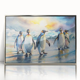 Framed acrylic wall art featuring a playful penguin design in a silver frame, showcasing vibrant colors and detailed textures, perfect for home decor.