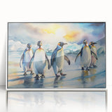 Framed wall art featuring a penguin design in a modern white frame, showcasing vibrant colors and intricate details, perfect for animal lovers and home decor enthusiasts.