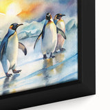 Close-up of a framed canvas wall art featuring a vibrant design of a penguin, showcasing intricate details and textures against a minimalist background, perfect for wildlife enthusiasts and modern decor.
