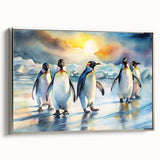 Framed wall art showcasing a side view of a penguin in a contemporary design, featuring a silver frame and vibrant colors that enhance any modern decor. This piece adds a playful touch to wildlife-themed interiors.