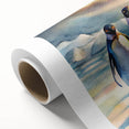 Colorful penguin design on rolled canvas wall art, showcasing vibrant hues and playful patterns, ideal for wildlife enthusiasts and modern decor. Perfect for adding a whimsical touch to any room.