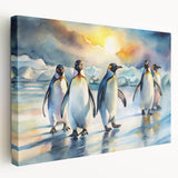 Stretched canvas wall art showcasing a side view of a whimsical penguin design, perfect for animal lovers and home decor enthusiasts. The vibrant colors and playful illustration add a charming touch to any living space, enhancing the ambiance with a delightful wildlife theme.