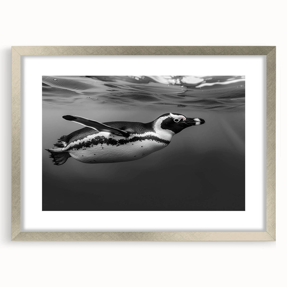 Framed wall art featuring a whimsical penguin design with a silver frame and mat, perfect for adding a touch of nature-inspired decor to any room.